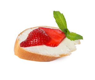 Photo of Delicious bruschetta with ricotta cheese, mint and strawberries isolated on white