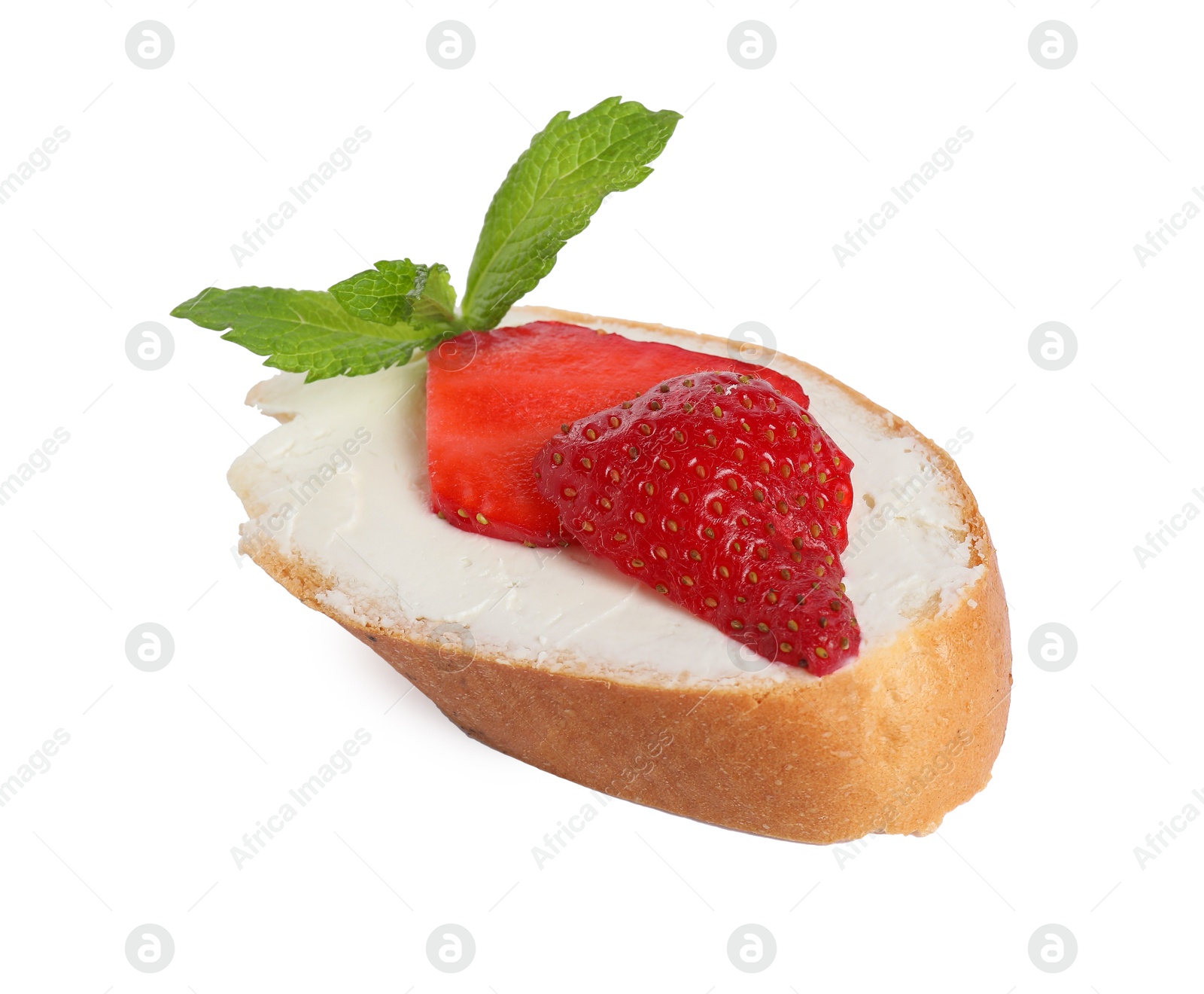 Photo of Delicious bruschetta with ricotta cheese, mint and strawberries isolated on white