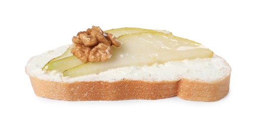 Photo of Delicious bruschetta with ricotta cheese, pears and walnut isolated on white