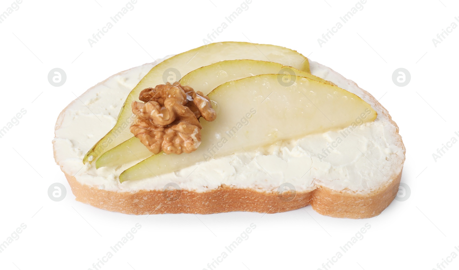 Photo of Delicious bruschetta with ricotta cheese, pears and walnut isolated on white