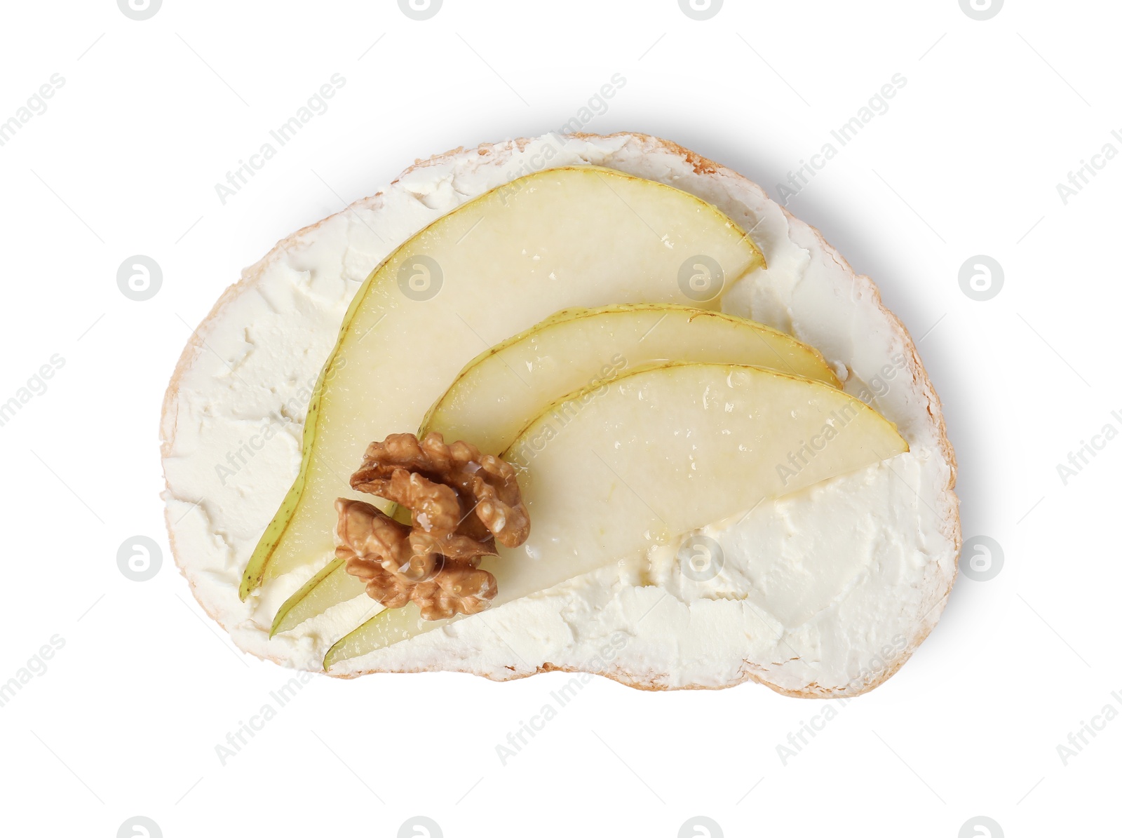 Photo of Delicious bruschetta with ricotta cheese, pears and walnut isolated on white, top view