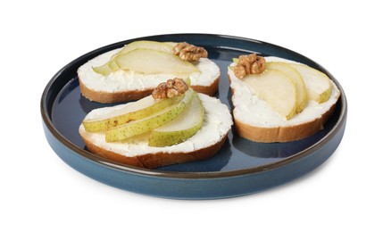 Photo of Delicious bruschettas with ricotta cheese, pears and walnuts isolated on white