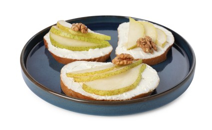 Photo of Delicious bruschettas with ricotta cheese, pears and walnuts isolated on white