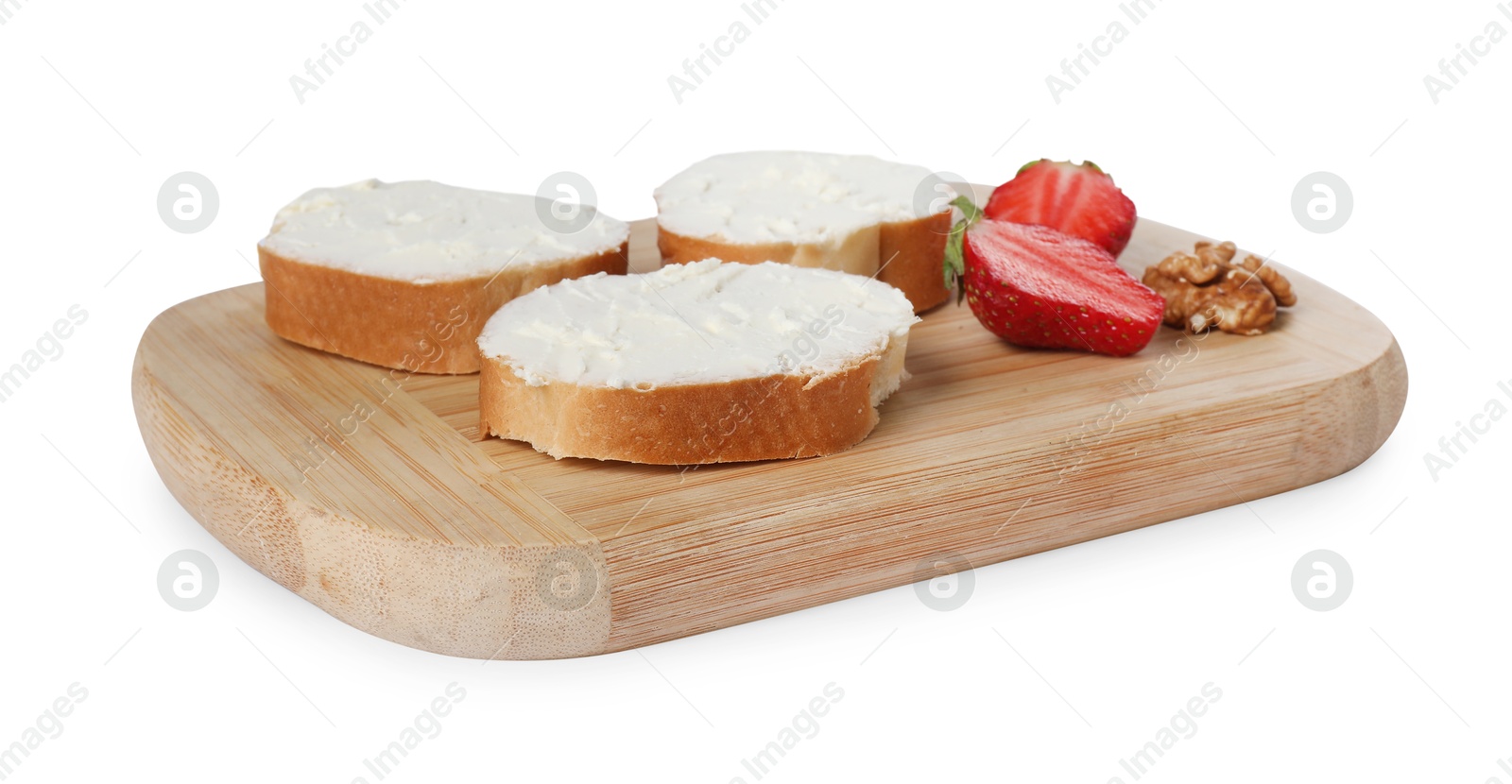 Photo of Delicious bruschettas with ricotta cheese, strawberry and walnut isolated on white