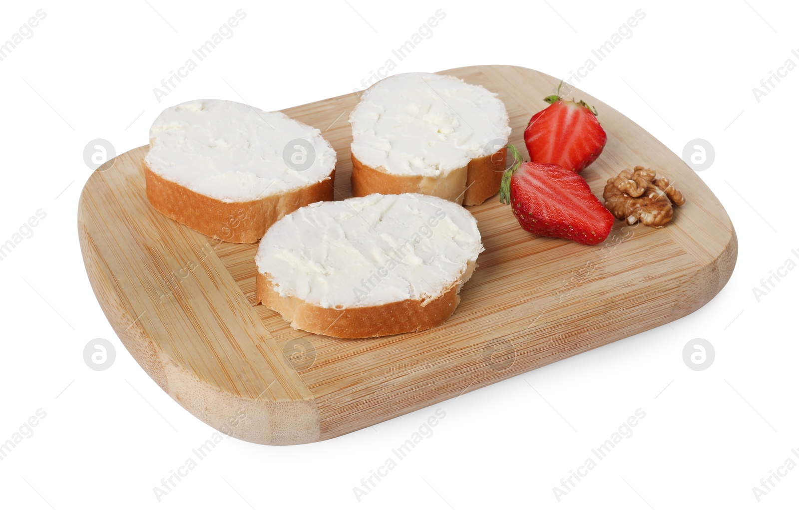 Photo of Delicious bruschettas with ricotta cheese, strawberry and walnut isolated on white