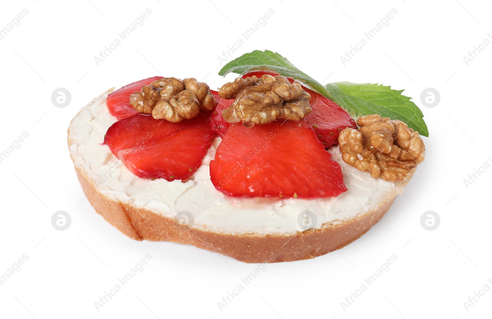 Photo of Delicious bruschetta with ricotta cheese, strawberries, walnuts and mint isolated on white