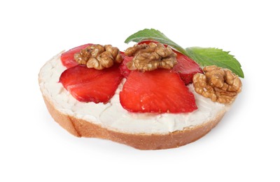 Photo of Delicious bruschetta with ricotta cheese, strawberries, walnuts and mint isolated on white