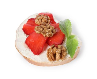 Delicious bruschetta with ricotta cheese, strawberries, walnuts and mint isolated on white