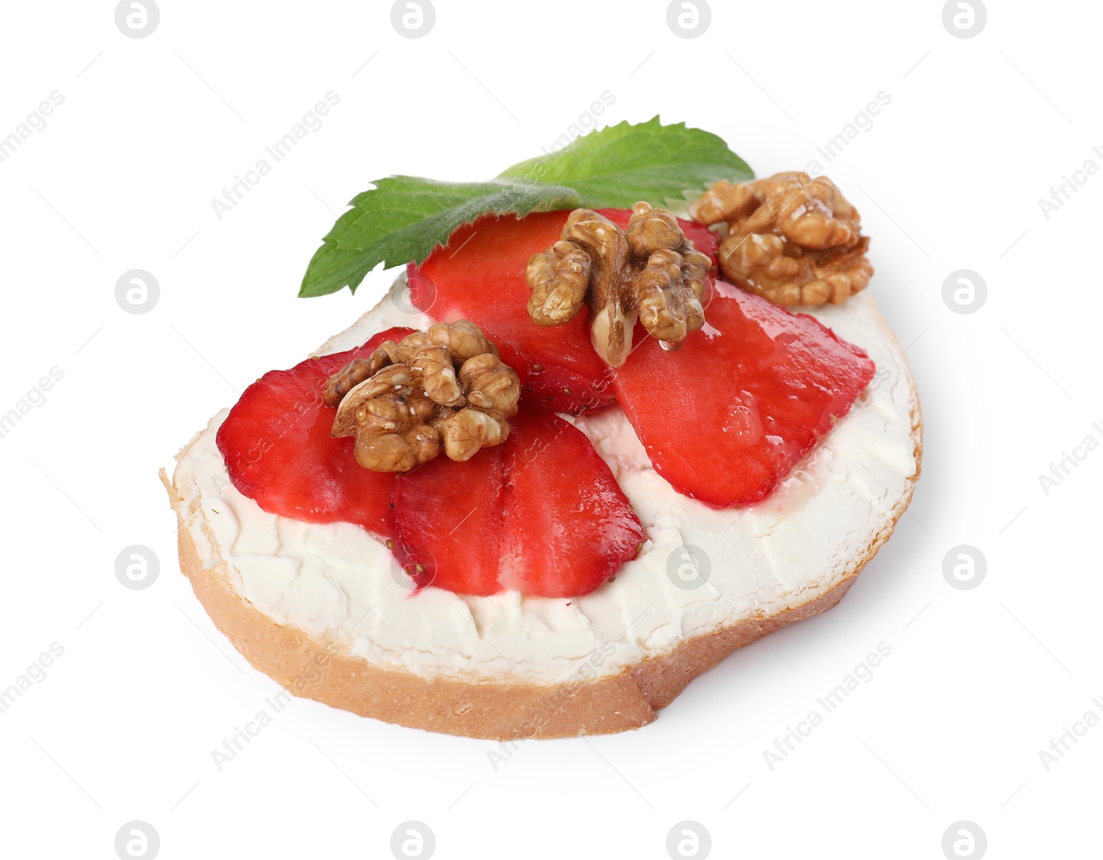 Photo of Delicious bruschetta with ricotta cheese, strawberries, walnuts and mint isolated on white