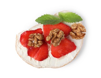 Delicious bruschetta with ricotta cheese, strawberries, walnuts and mint isolated on white, top view