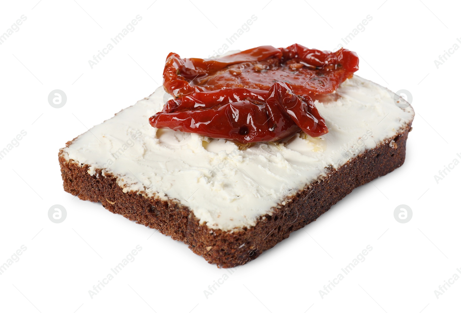 Photo of Delicious bruschetta with ricotta cheese and sun dried tomatoes isolated on white