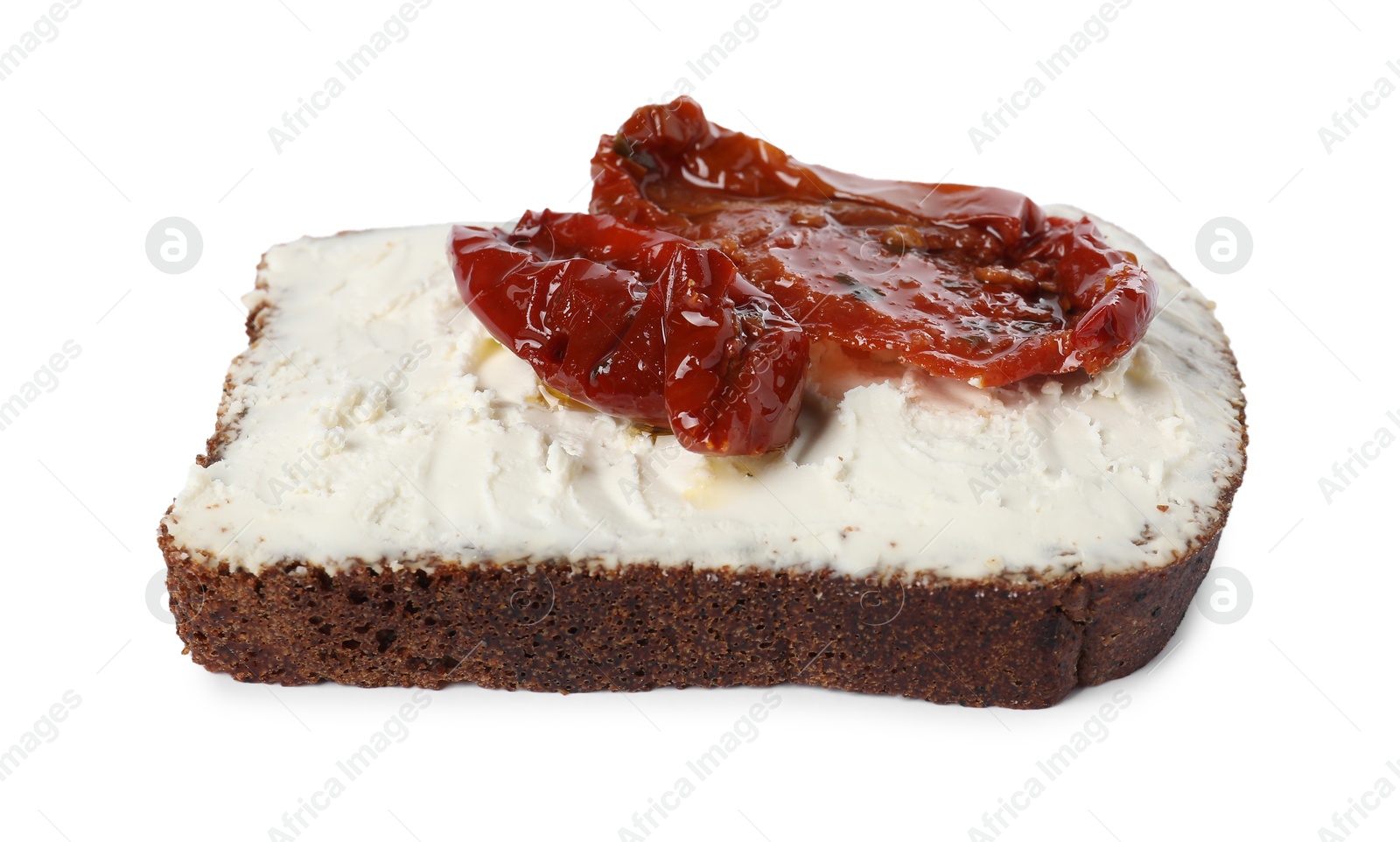 Photo of Delicious bruschetta with ricotta cheese and sun dried tomatoes isolated on white