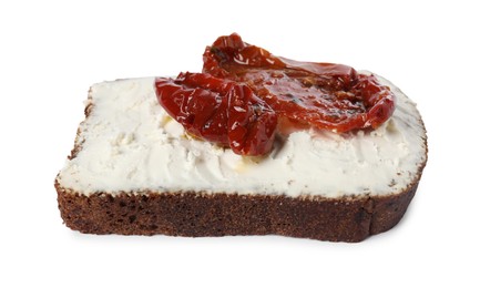 Delicious bruschetta with ricotta cheese and sun dried tomatoes isolated on white