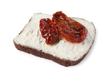 Delicious bruschetta with ricotta cheese and sun dried tomatoes isolated on white