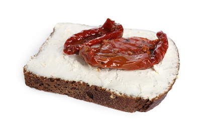 Photo of Delicious bruschetta with ricotta cheese and sun dried tomatoes isolated on white