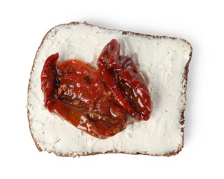 Photo of Delicious bruschetta with ricotta cheese and sun dried tomatoes isolated on white, top view