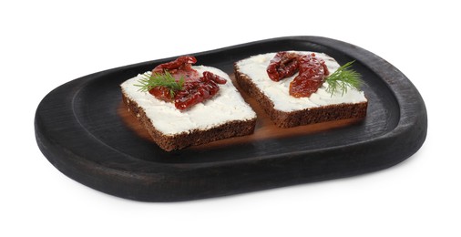 Photo of Delicious bruschettas with ricotta cheese, sun dried tomatoes and dill isolated on white