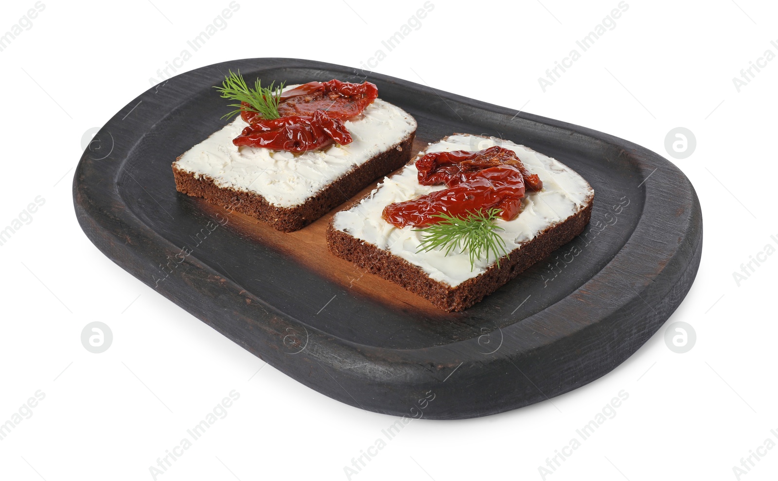 Photo of Delicious bruschettas with ricotta cheese, sun dried tomatoes and dill isolated on white