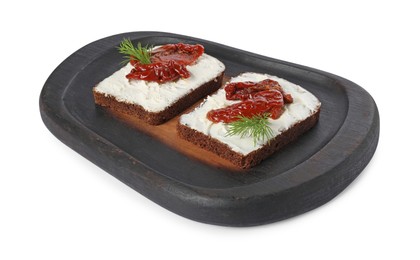 Photo of Delicious bruschettas with ricotta cheese, sun dried tomatoes and dill isolated on white