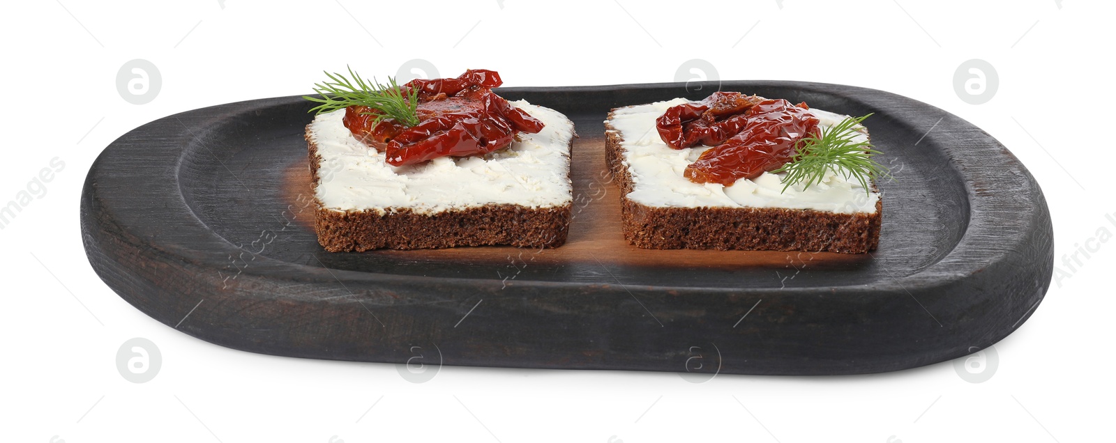 Photo of Delicious bruschettas with ricotta cheese, sun dried tomatoes and dill isolated on white