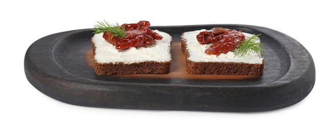 Photo of Delicious bruschettas with ricotta cheese, sun dried tomatoes and dill isolated on white