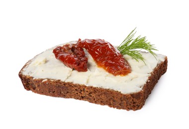 Photo of Delicious bruschetta with ricotta cheese, sun dried tomatoes and dill isolated on white