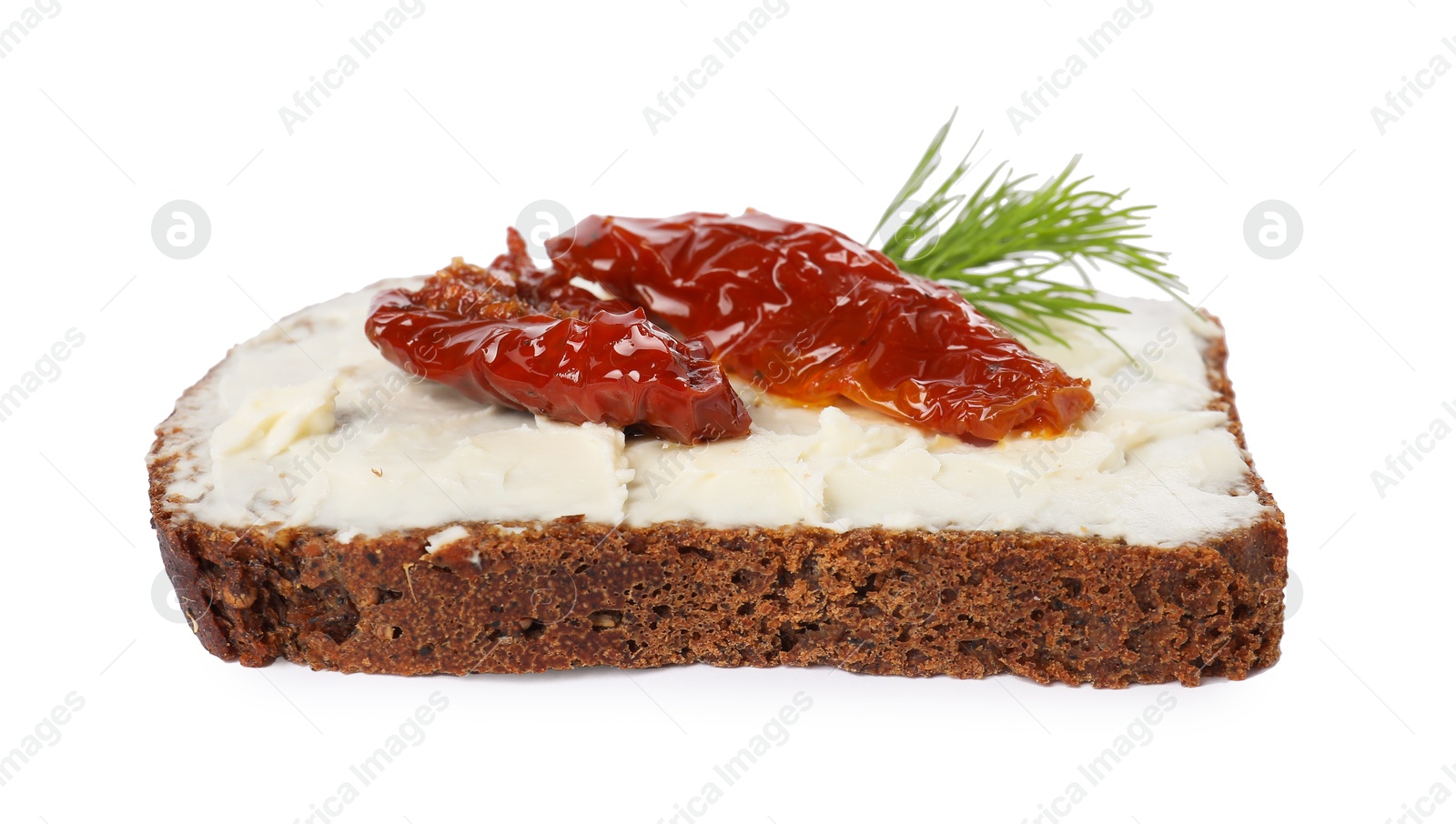Photo of Delicious bruschetta with ricotta cheese, sun dried tomatoes and dill isolated on white