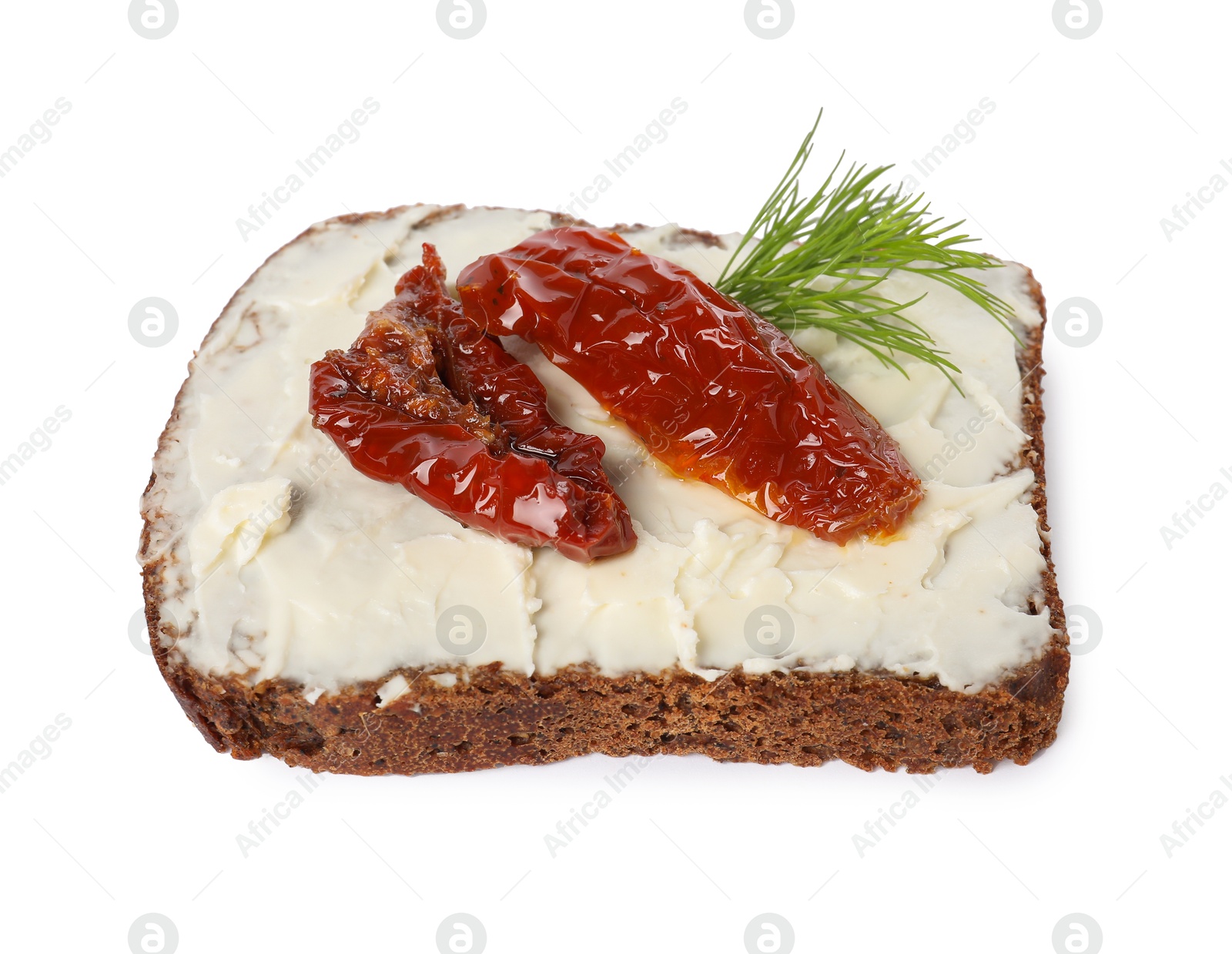 Photo of Delicious bruschetta with ricotta cheese, sun dried tomatoes and dill isolated on white