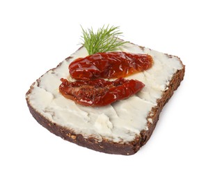 Photo of Delicious bruschetta with ricotta cheese, sun dried tomatoes and dill isolated on white