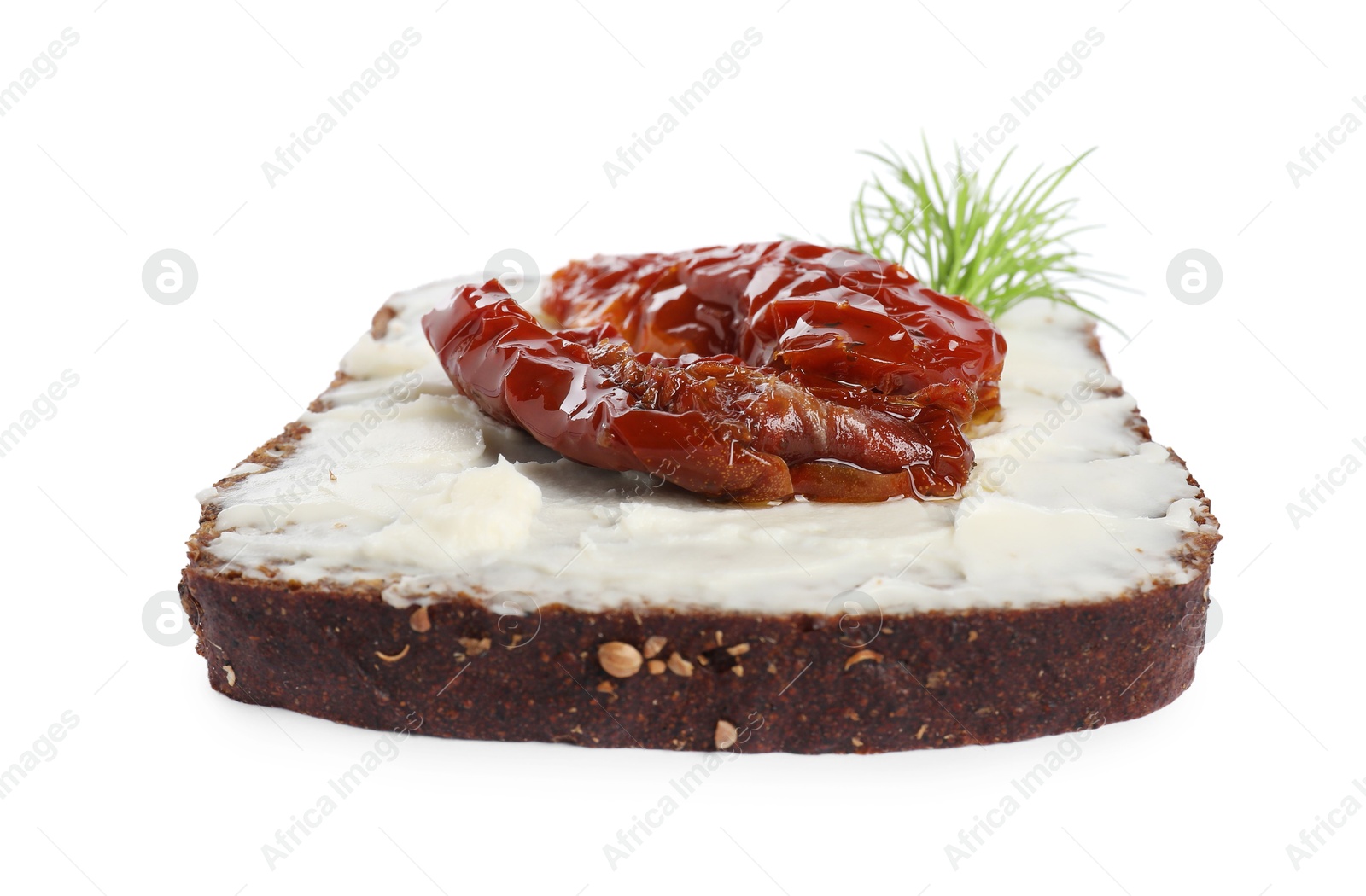 Photo of Delicious bruschetta with ricotta cheese, sun dried tomatoes and dill isolated on white