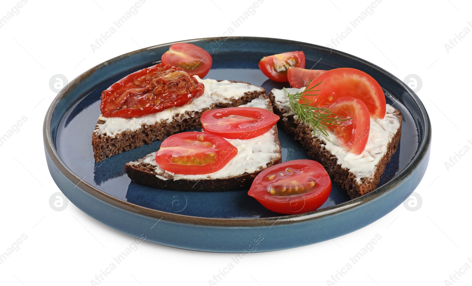 Photo of Delicious bruschettas with ricotta cheese, dill, fresh and sun dried tomatoes isolated on white