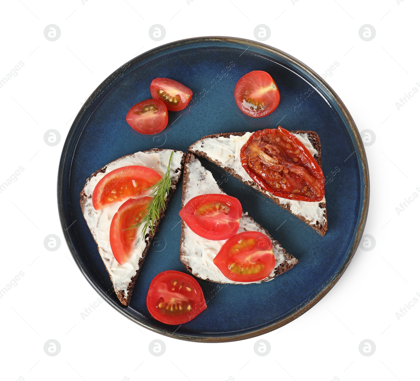 Photo of Delicious bruschettas with ricotta cheese, dill, fresh and sun dried tomatoes isolated on white, top view