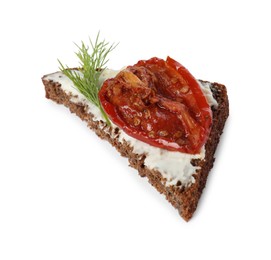 Delicious bruschetta with ricotta cheese, sun dried tomato and dill isolated on white