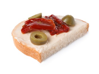 Delicious bruschetta with ricotta cheese, sun dried tomato and olives isolated on white