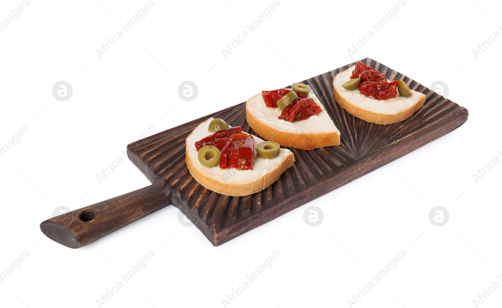 Photo of Delicious bruschettas with ricotta cheese, sun dried tomatoes and olives isolated on white