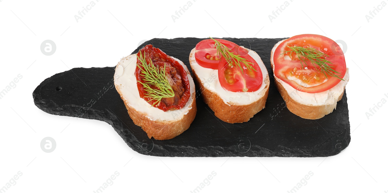 Photo of Delicious bruschettas with ricotta cheese, dill, fresh and sun dried tomatoes isolated on white