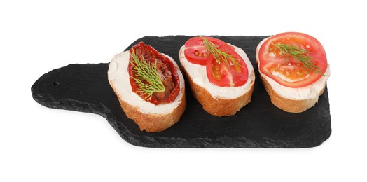 Photo of Delicious bruschettas with ricotta cheese, dill, fresh and sun dried tomatoes isolated on white