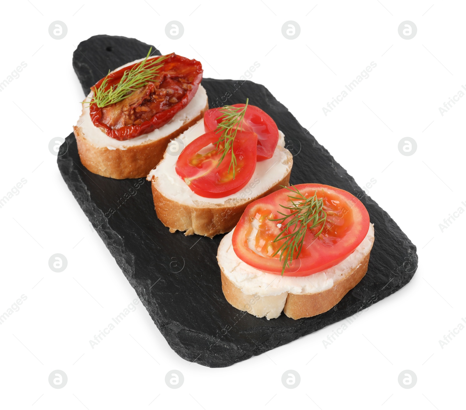 Photo of Delicious bruschettas with ricotta cheese, dill, fresh and sun dried tomatoes isolated on white