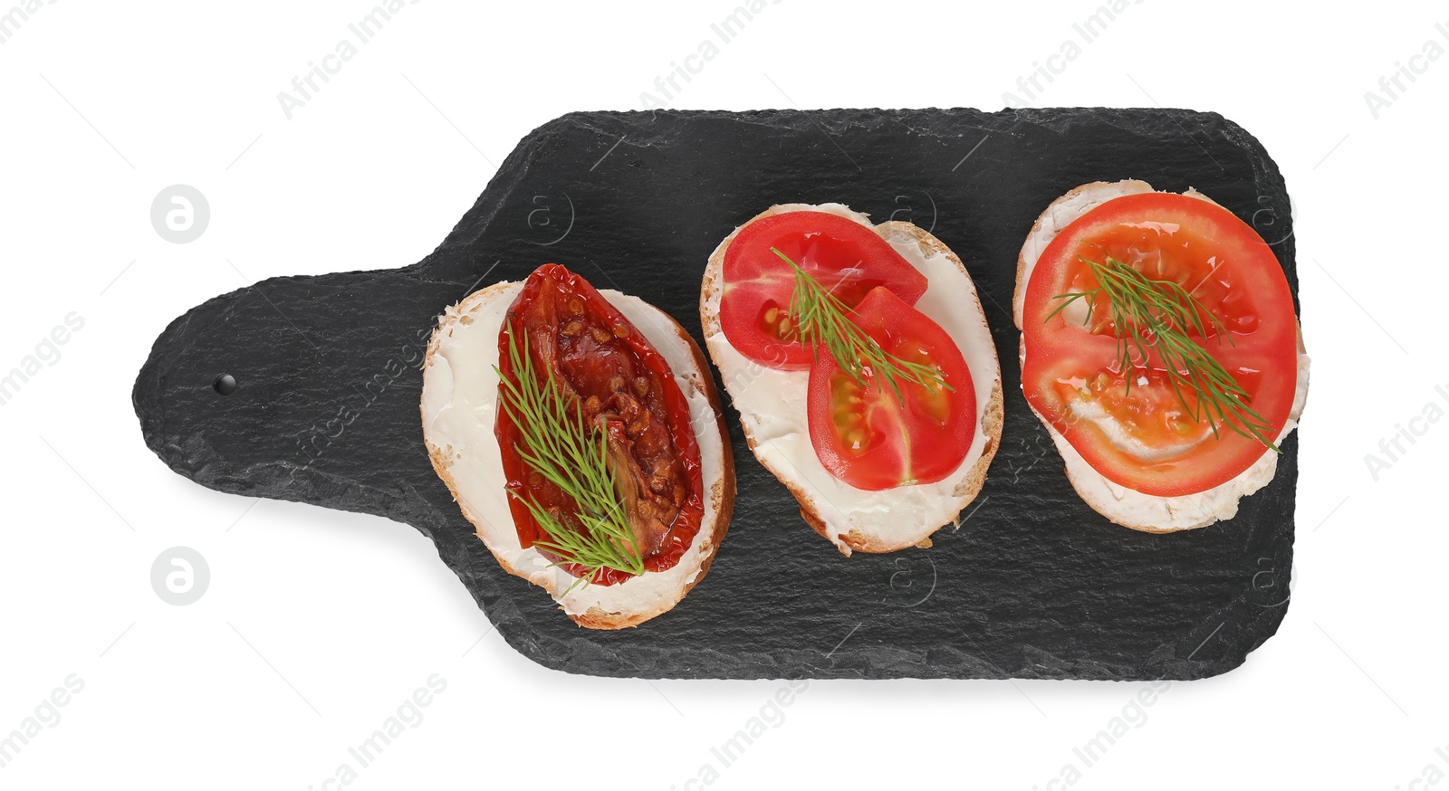 Photo of Delicious bruschettas with ricotta cheese, dill, fresh and sun dried tomatoes isolated on white, top view