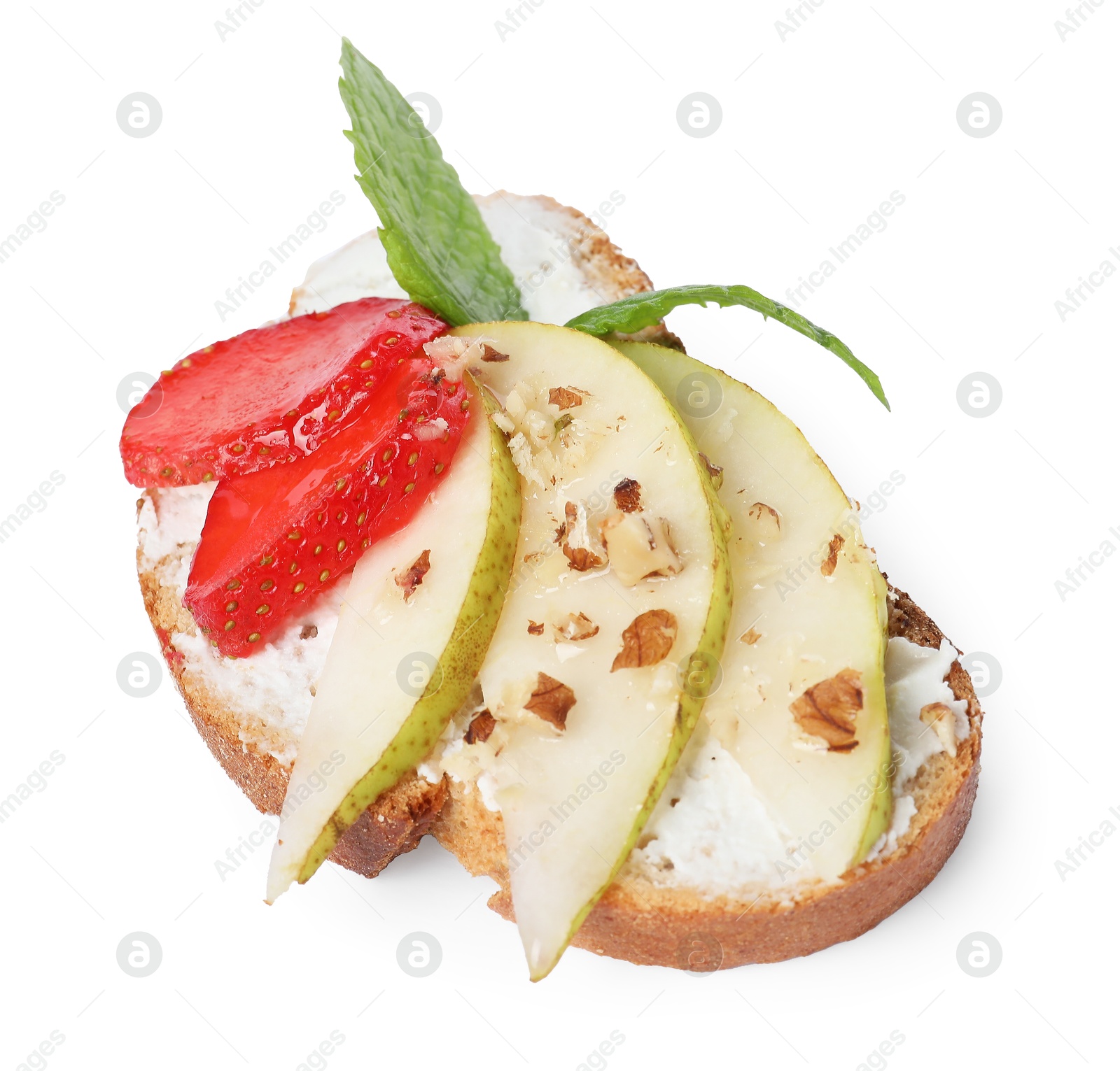 Photo of Delicious ricotta bruschetta with pear, strawberry and walnut isolated on white