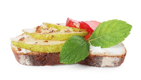 Delicious ricotta bruschetta with pear, strawberry and walnut isolated on white