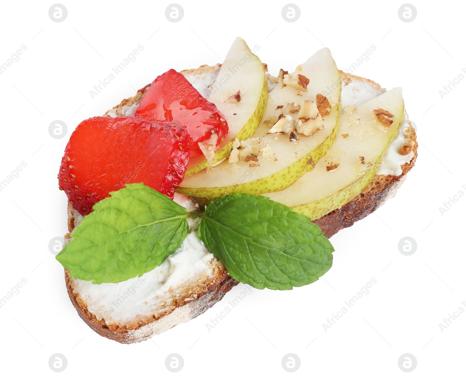 Photo of Delicious ricotta bruschetta with pear, strawberry and walnut isolated on white