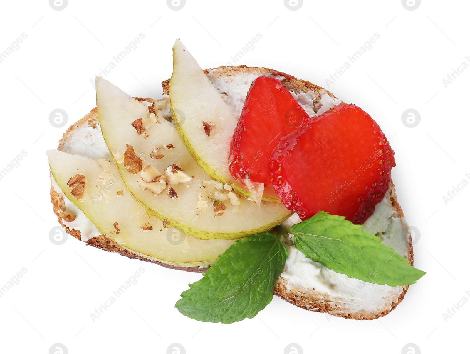 Photo of Delicious ricotta bruschetta with pear, strawberry and walnut isolated on white, top view