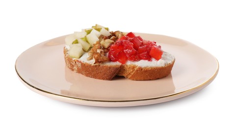 Delicious ricotta bruschetta with pear, strawberry and walnut isolated on white