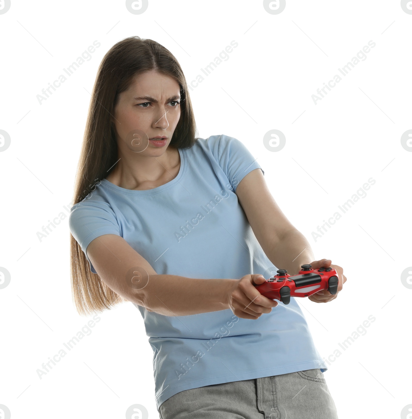 Photo of Woman playing video games with controller on white background