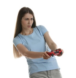 Woman playing video games with controller on white background