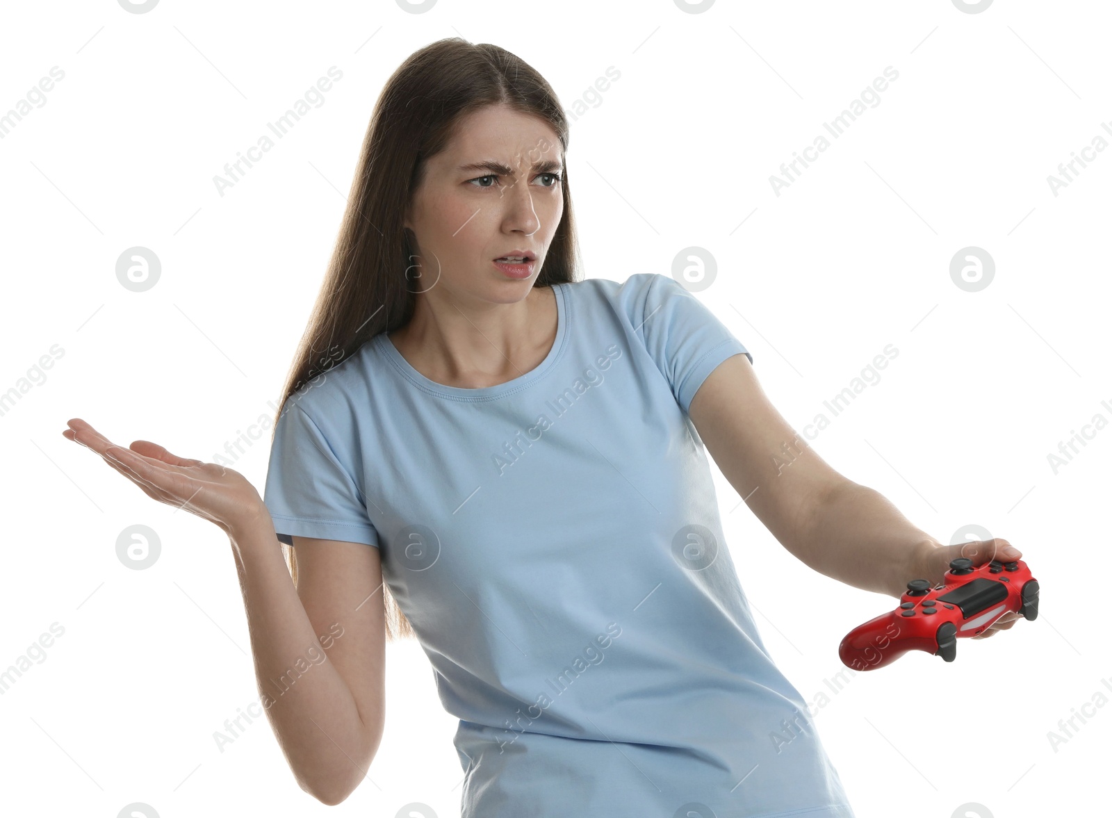 Photo of Woman playing video games with controller on white background