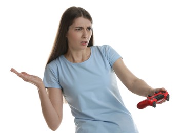 Photo of Woman playing video games with controller on white background