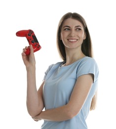 Photo of Happy woman with controller on white background