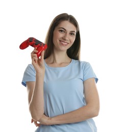 Photo of Happy woman with controller on white background